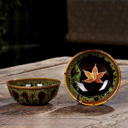 Tenmoku Glaze with Camellia Leaves Pattern