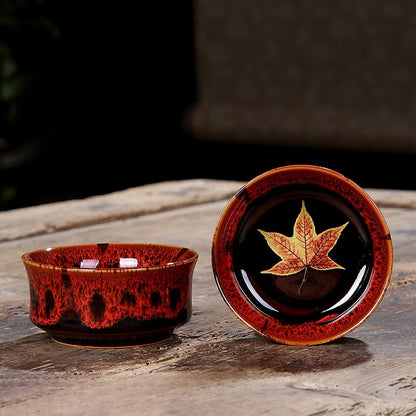 Tenmoku Glaze with Camellia Leaves Pattern