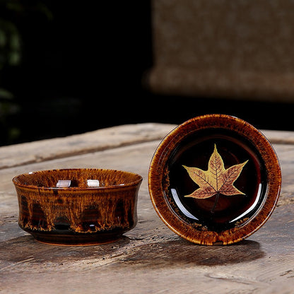 Tenmoku Glaze with Camellia Leaves Pattern