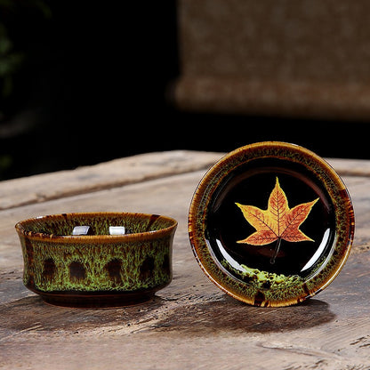 Tenmoku Glaze with Camellia Leaves Pattern